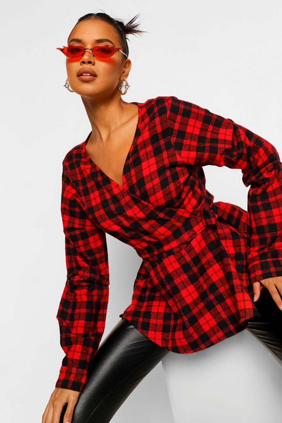 Red Flannel Blouse Sleeve Wrap Shirt image number 1