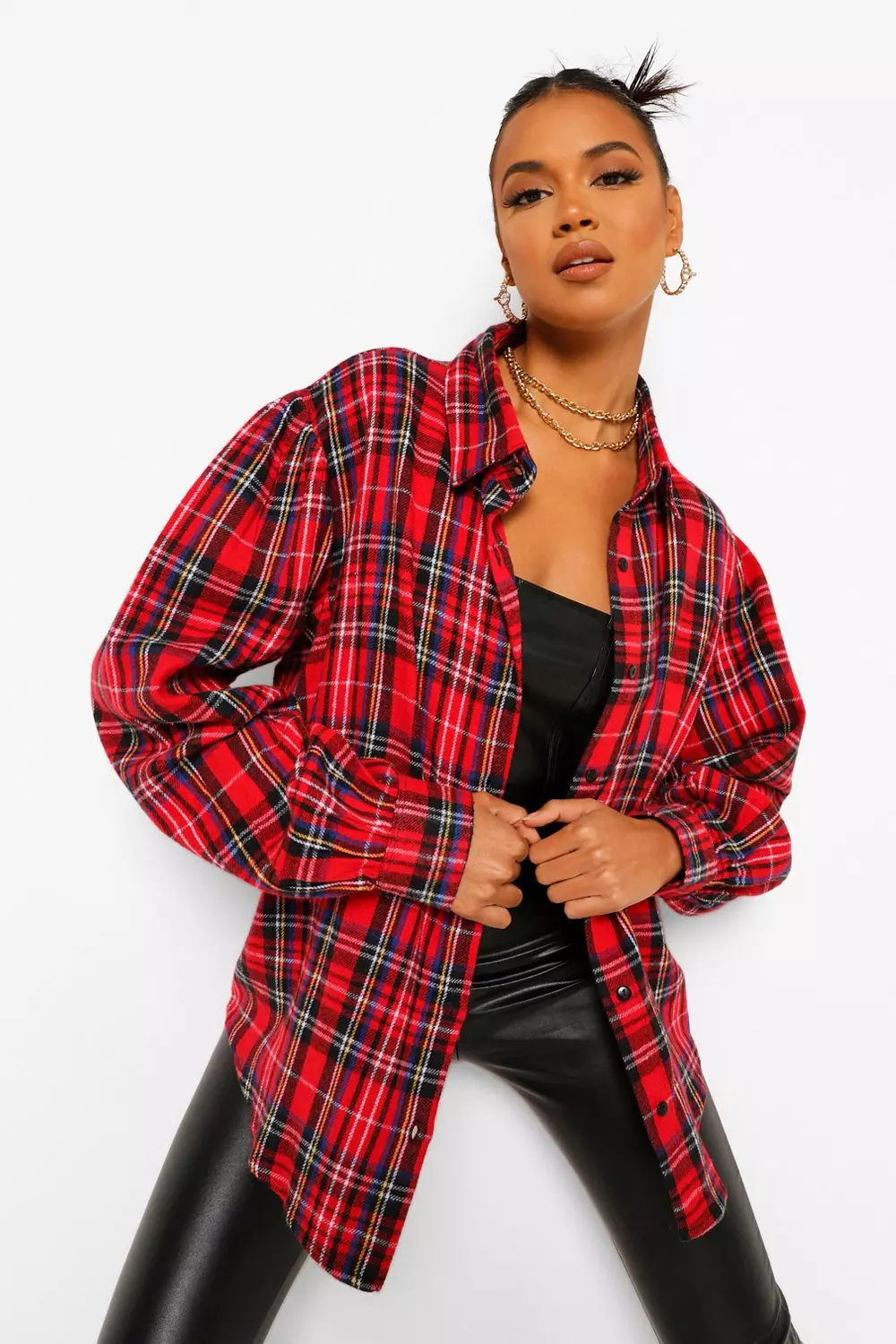 Flannel Blouson Long Sleeve Oversized Shirt