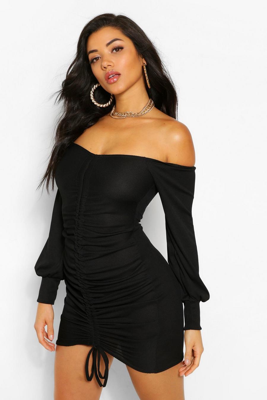 Rib Off The Shoulder Ruched Front Mini Dress image number 1