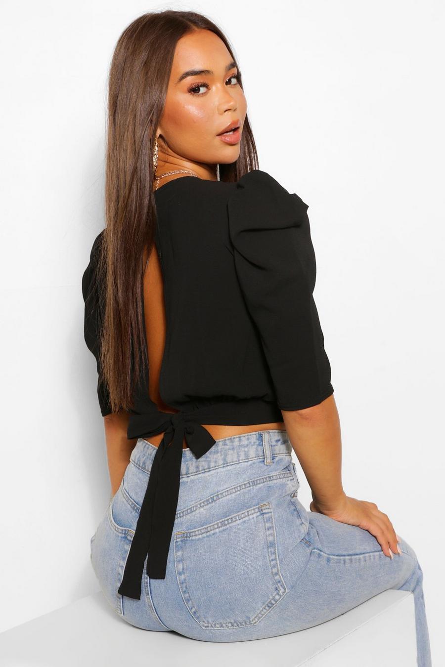 Black Woven Puff Sleeve Open Back Top image number 1