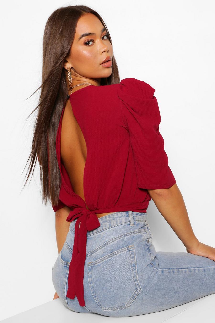 Wine Woven Puff Sleeve Open Back Top image number 1