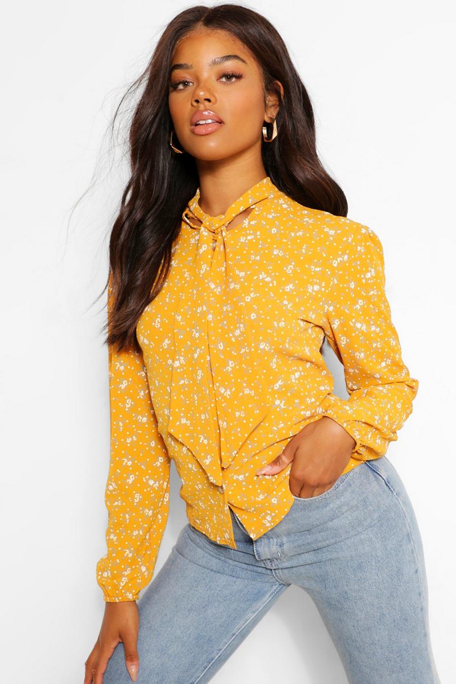 Mustard Floral Print Pussy Bow High Neck Blouse image number 1