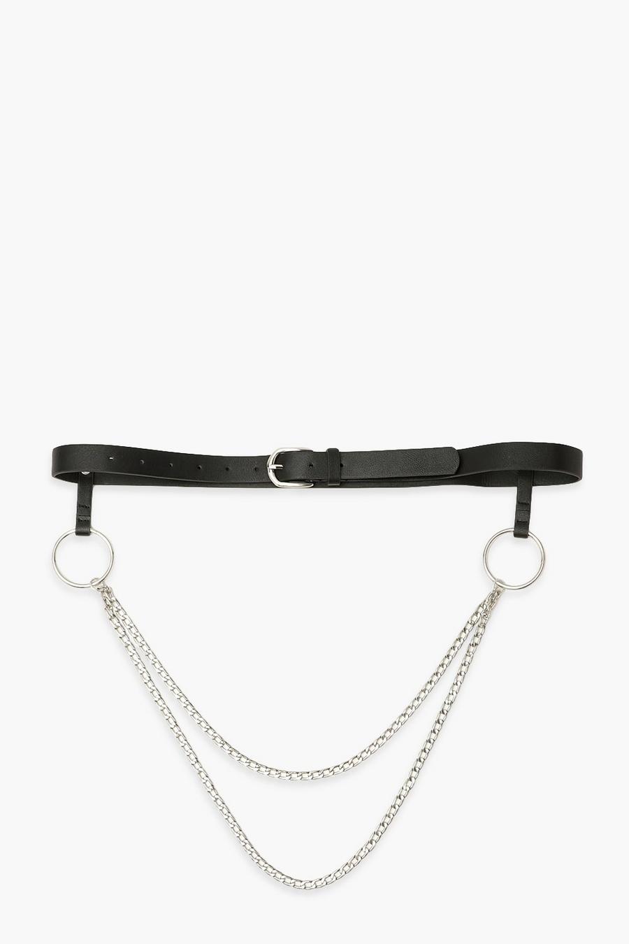 Cinturón con detalle de anillo y cadena, Negro image number 1