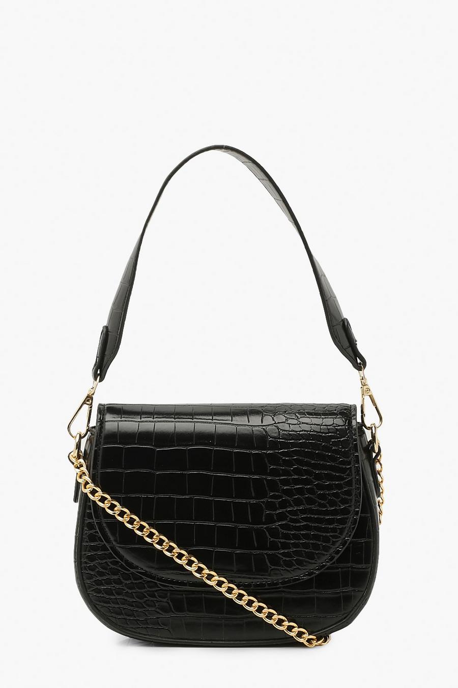 Black Croc Handle Detail And Chain Cross Body Bag image number 1