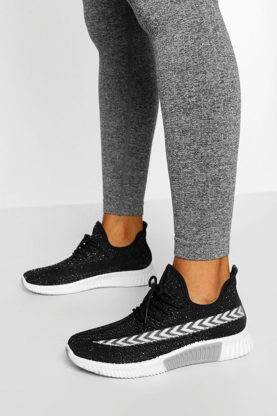 Black Contrast Panel Knitted Sports Sneakers image number 1