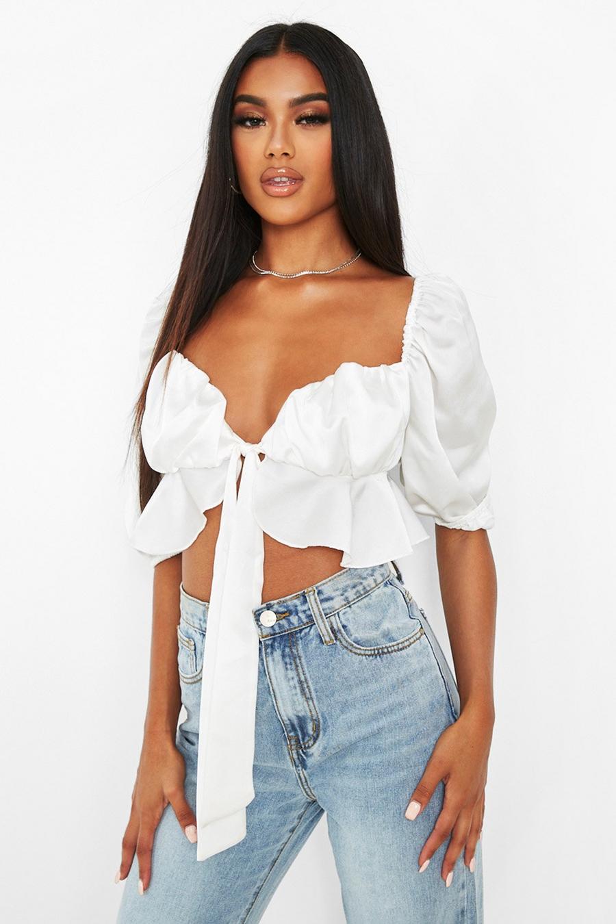Ivory Puff Sleeve Tie Front Crop Top image number 1