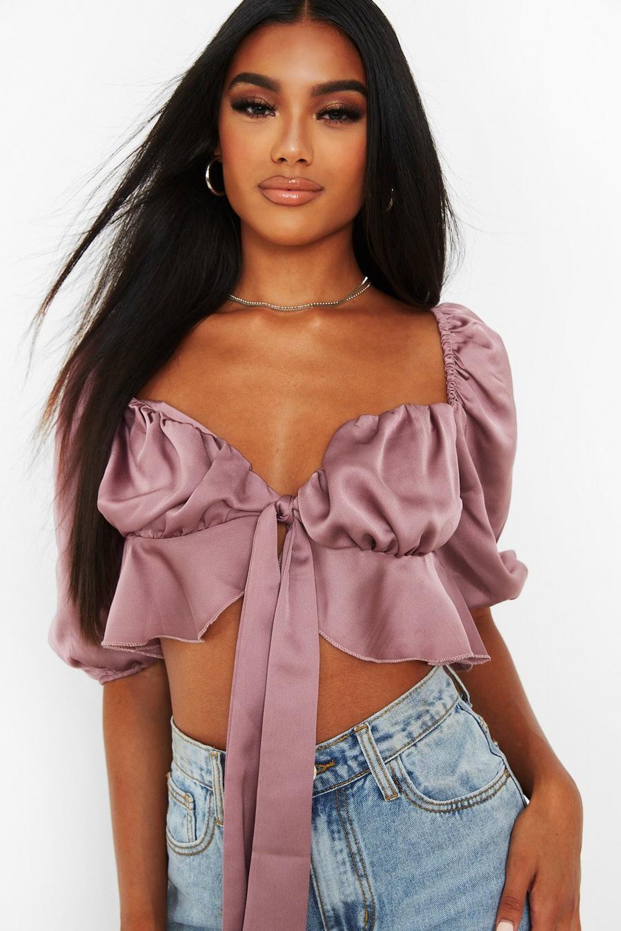 Pink Puff Sleeve Tie Front Crop Top image number 1