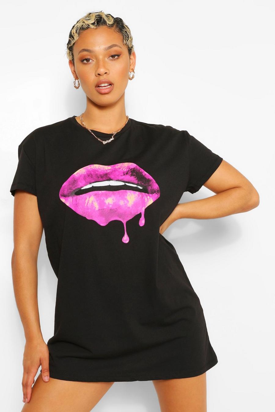 Zwart Tie Dye T-Shirtjurk Met Lippen image number 1