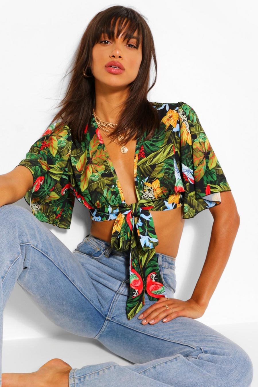 Jungle Print Puff Sleeve Plunge Crop Top image number 1