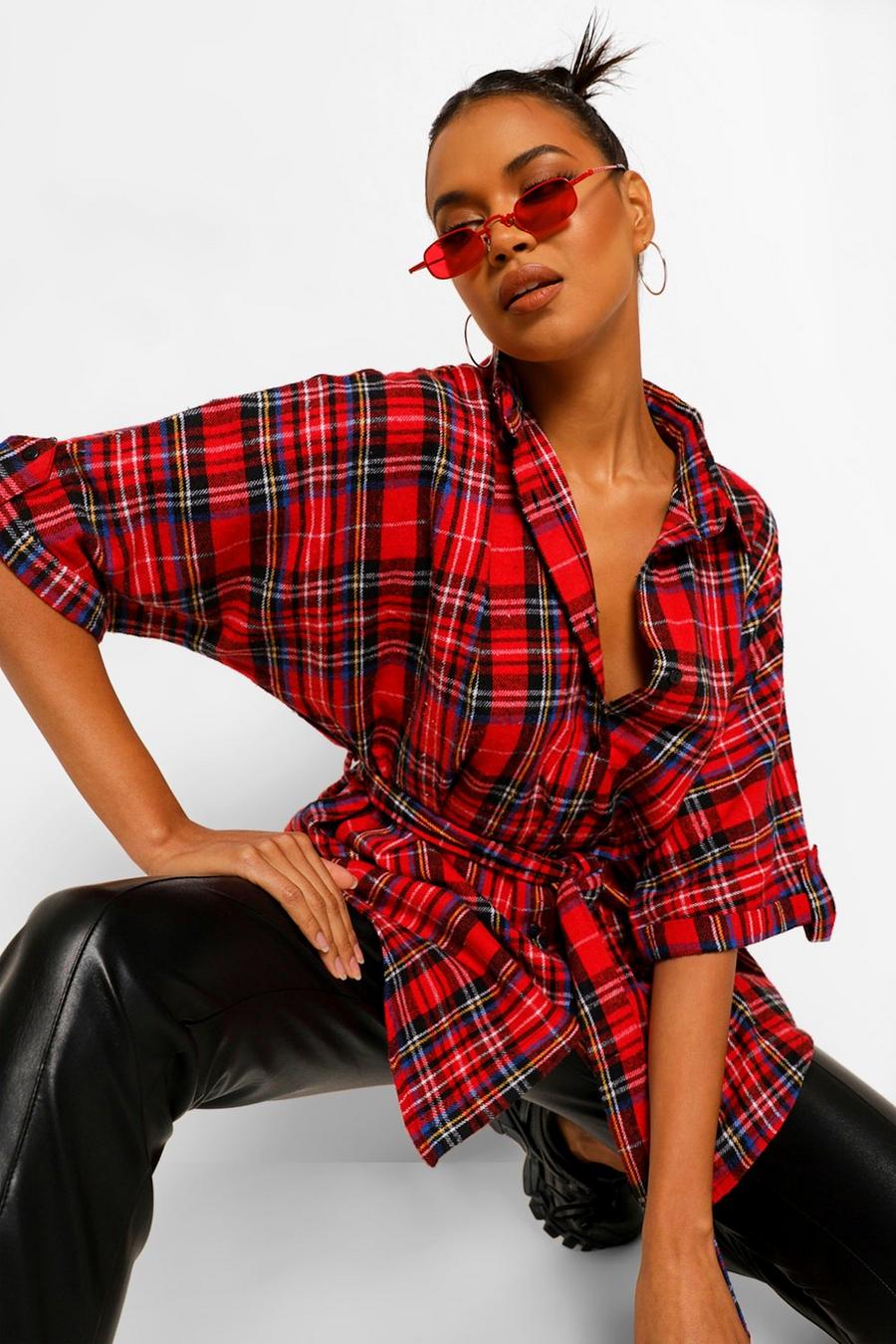 Red Check Tie Belted Shirt image number 1