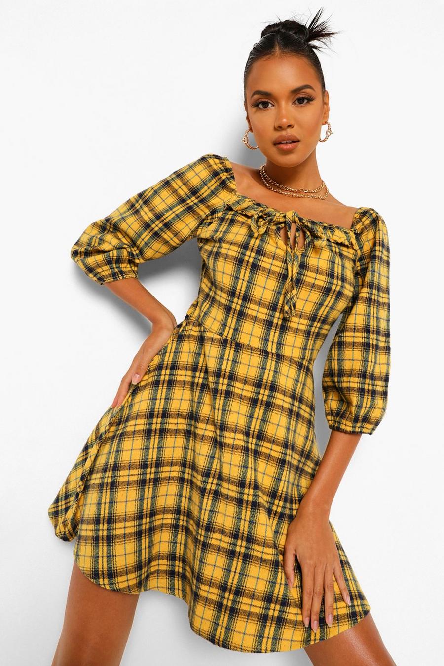 Mustard Rutig klänning med puffärm image number 1