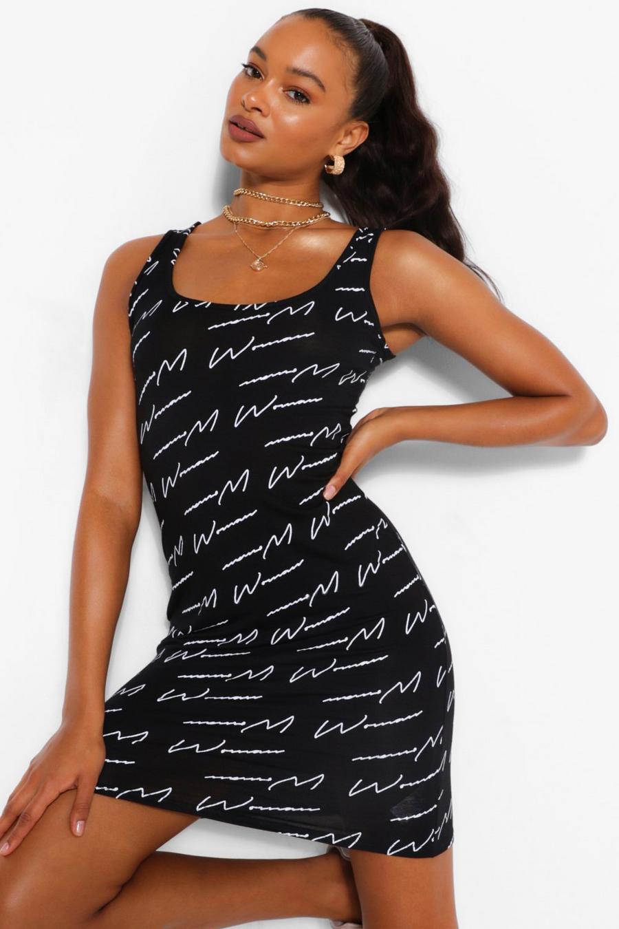 Woman Script Round Neck Sleevless Bodycon Dress image number 1