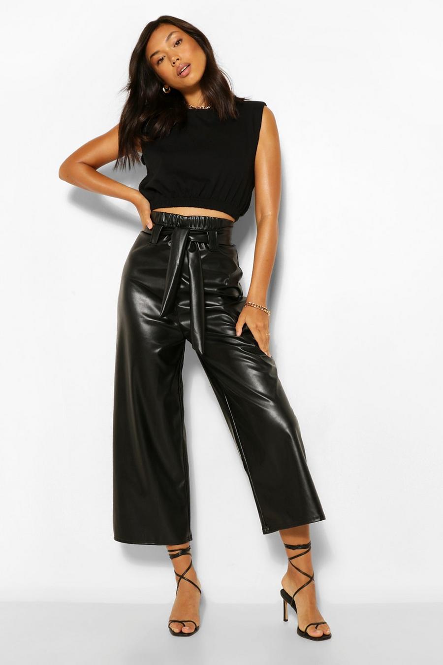 Black Leather Look Wide Culotte With Tie Belt image number 1