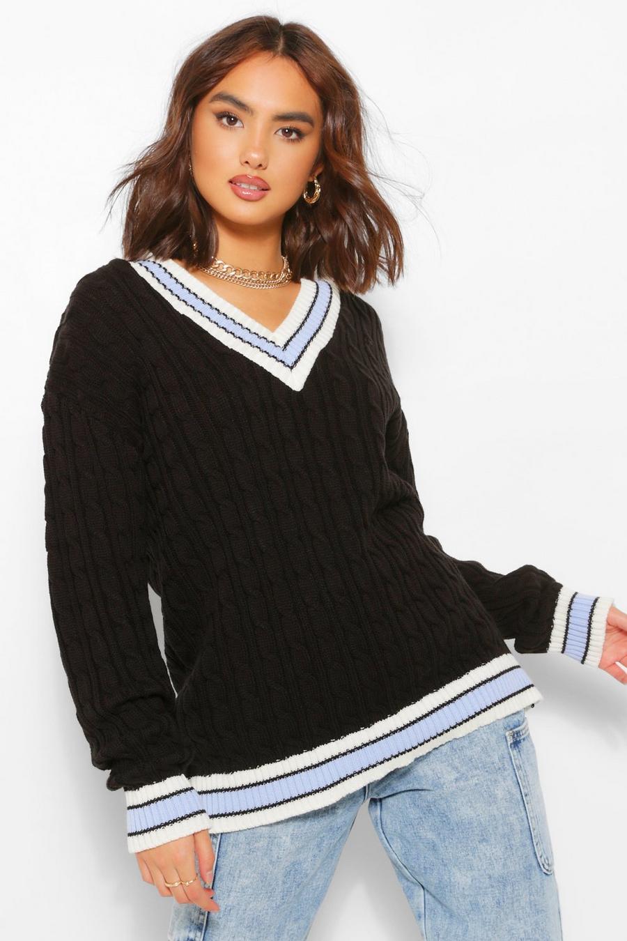 Black Cable Knit Varsity Sweater image number 1