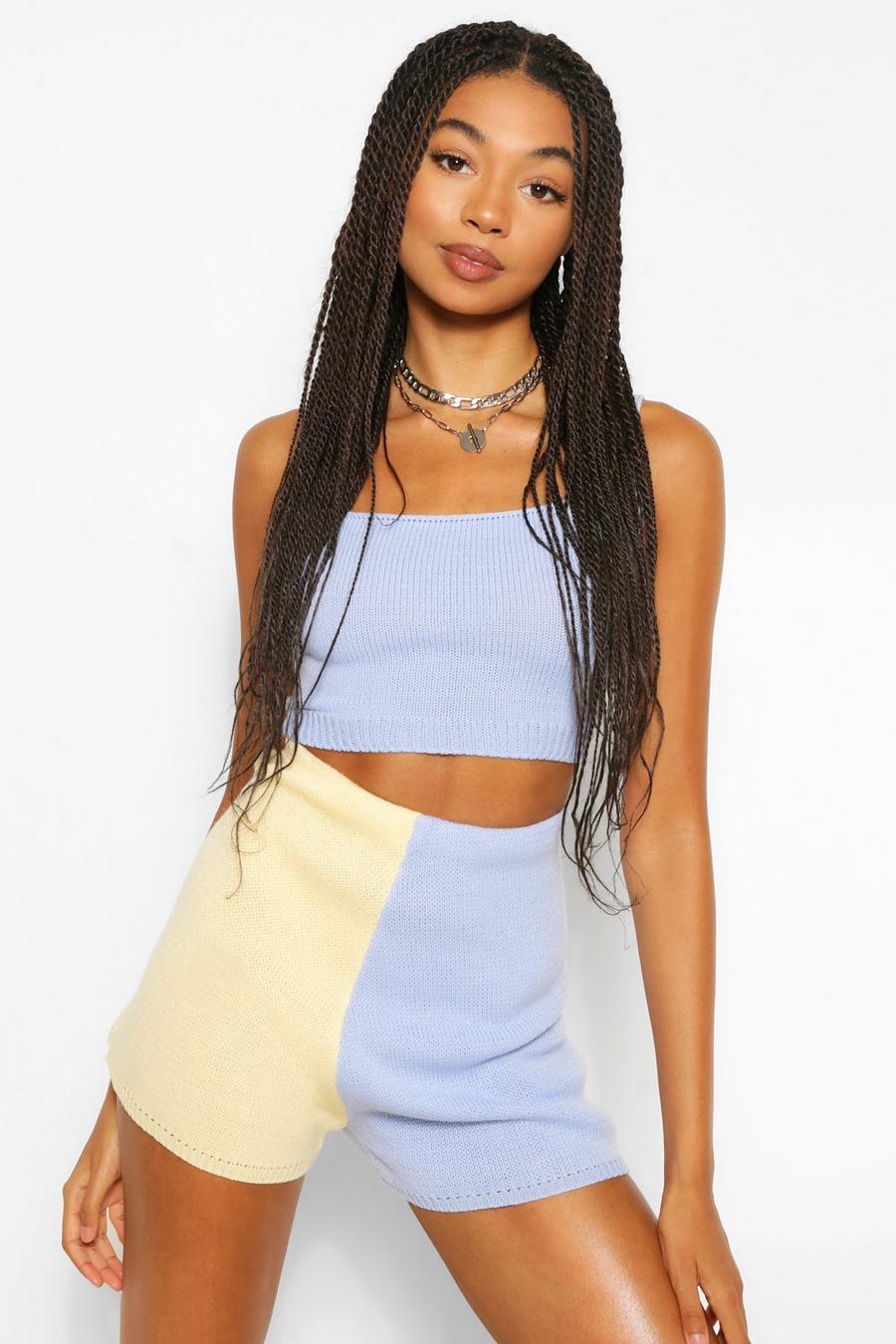 Blue Colour Block Knitted Shorts Co-Ord image number 1