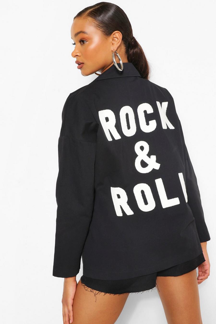 Giacca-camicia in twill di cotone con scritta “Rock And Roll” in pelliccia sintetica, Nero image number 1