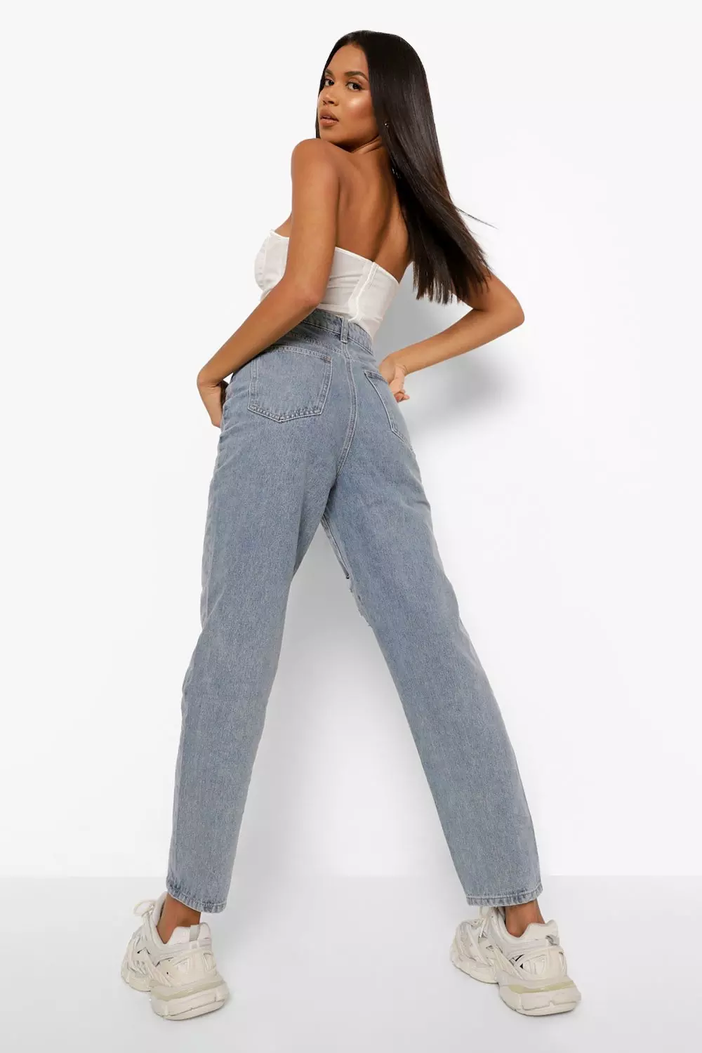 Denim Ripped Knee Baggy Mom Jeans Boohoo