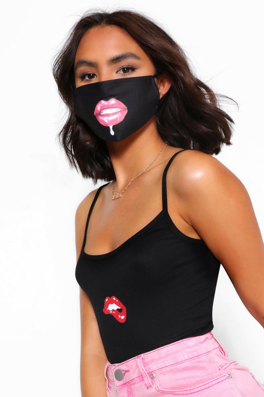 Fashion-Gesichtsmaske mit Lippen-Motiv, Schwarz image number 1