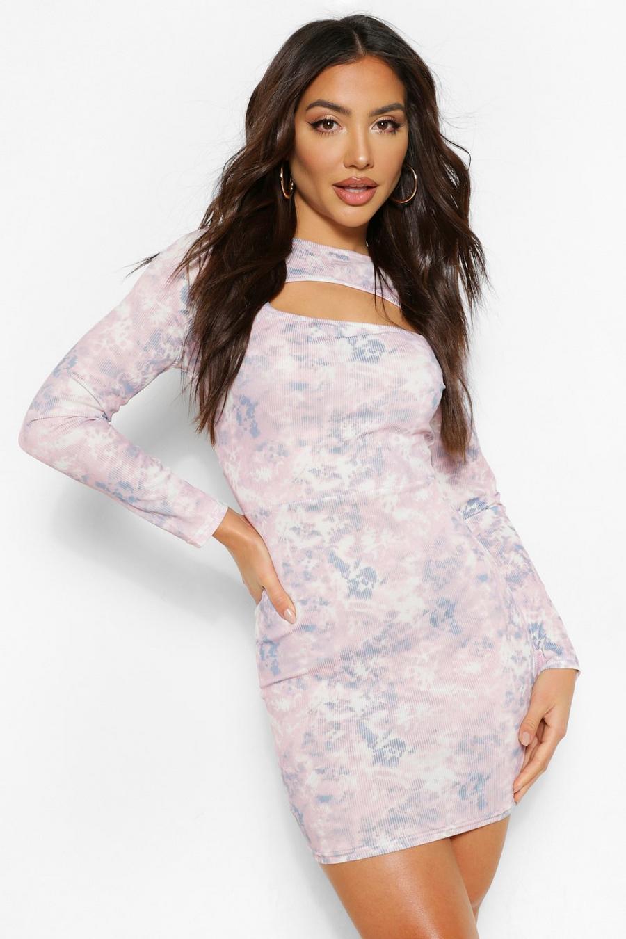 Lilac Tie Dye Long Sleeve Cut Out Mini Dress image number 1