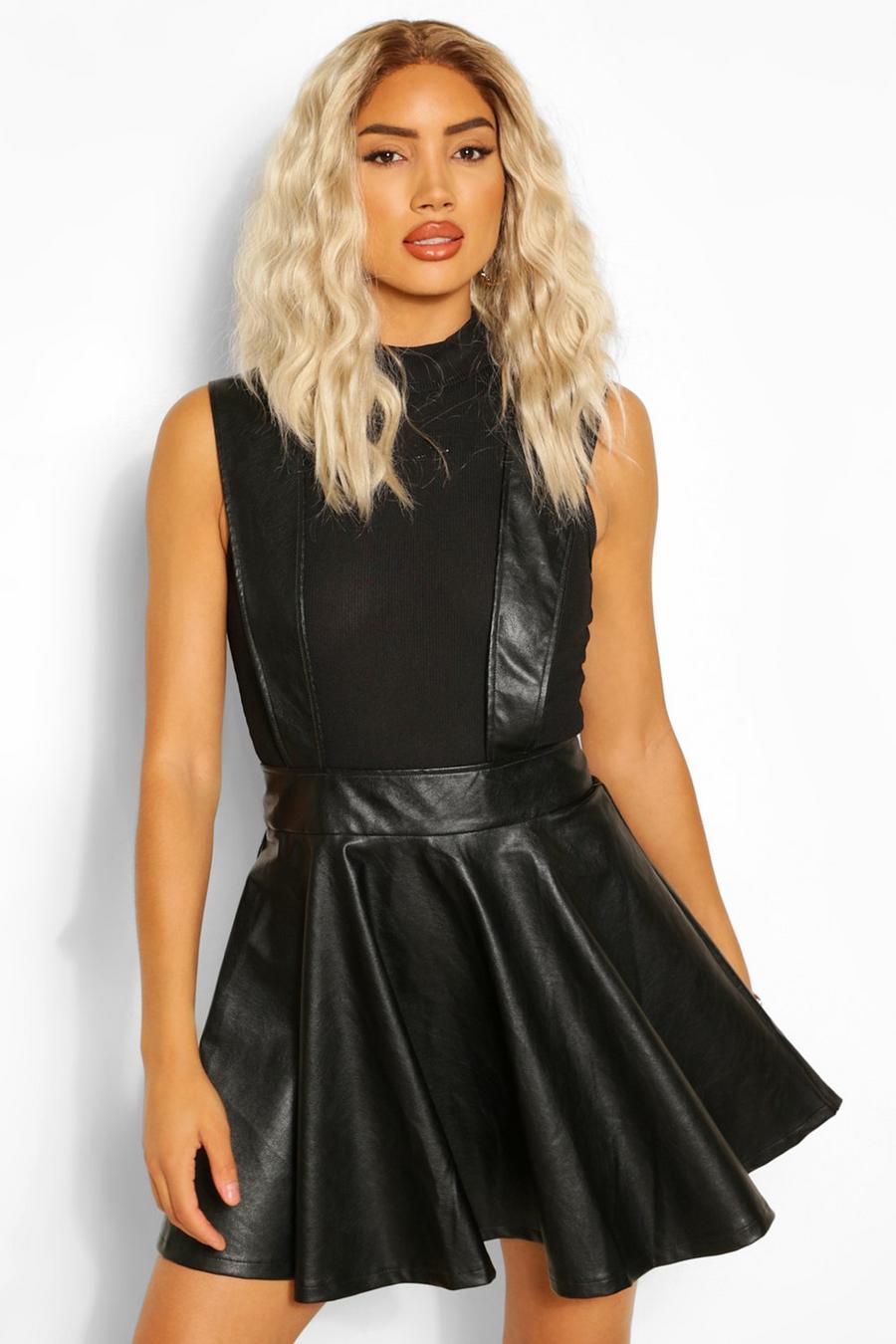 Black Leather Look Pinafore Skater Skirt image number 1