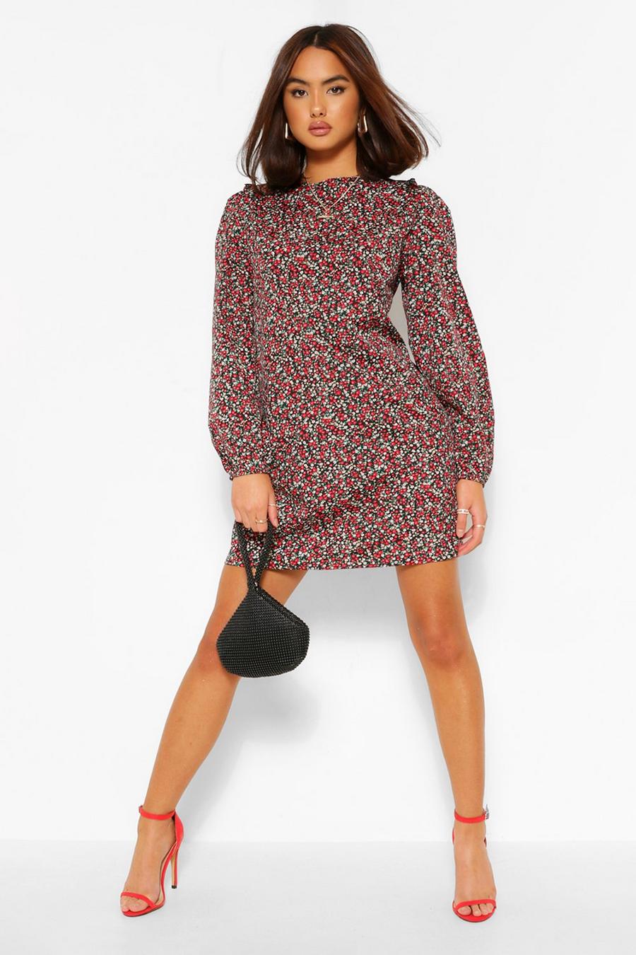 Black Ditsy Floral Ruffle Detail Shift Dress image number 1
