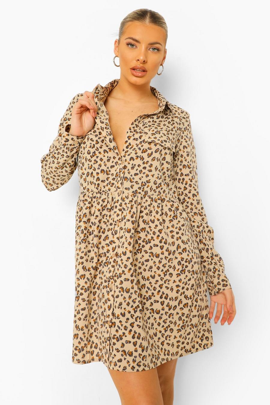 Cream Leopard Print Utility Style Oversized Smock Dress image number 1