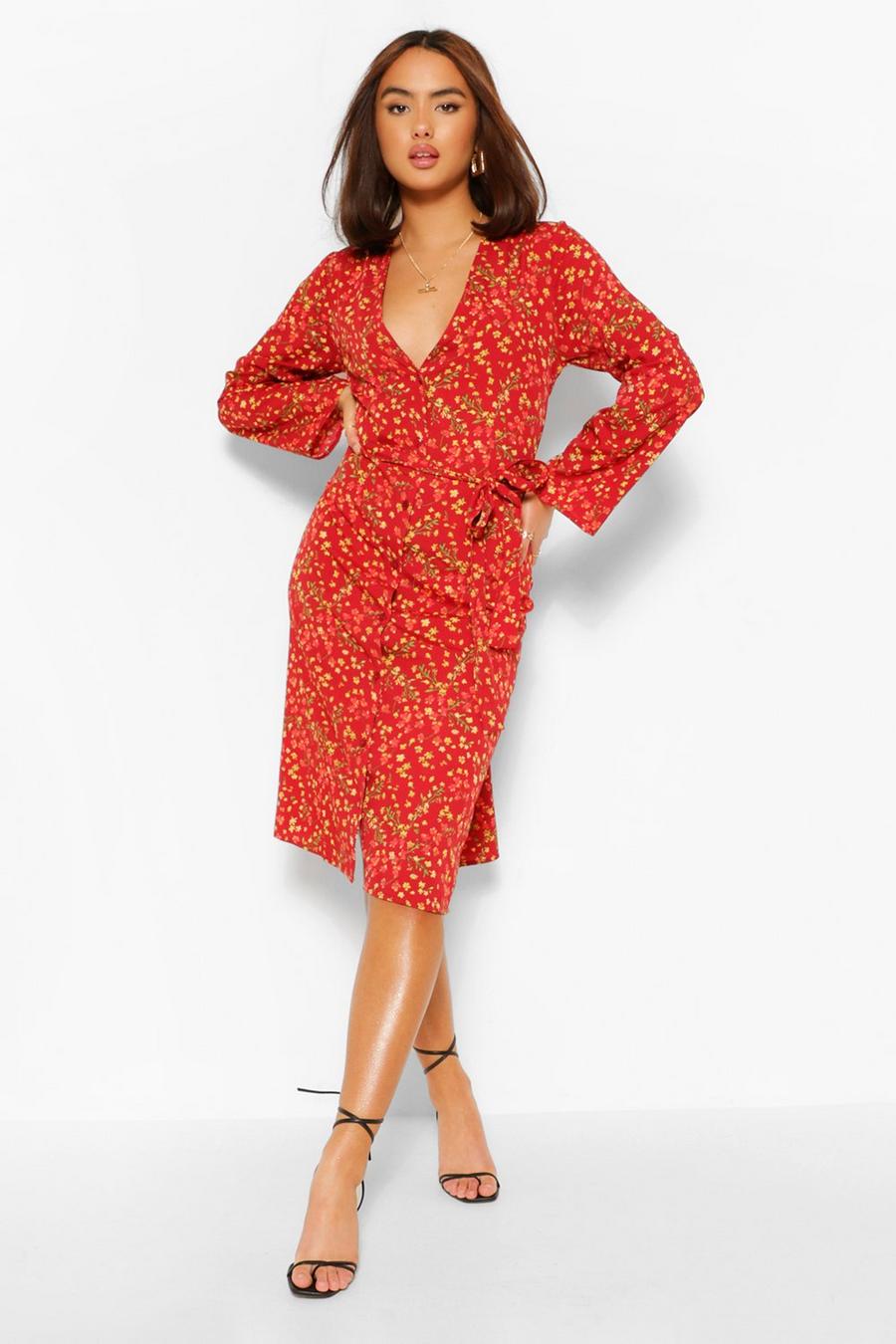 Berry Ditsy Floral Button Front Belted Midi Dress image number 1