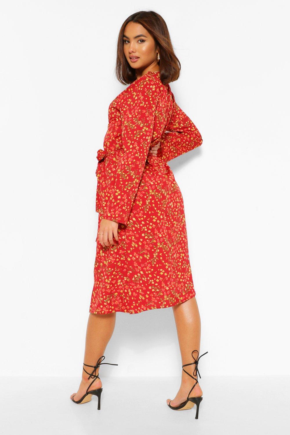 Boohoo midi wrap dress 2025 in red ditsy floral