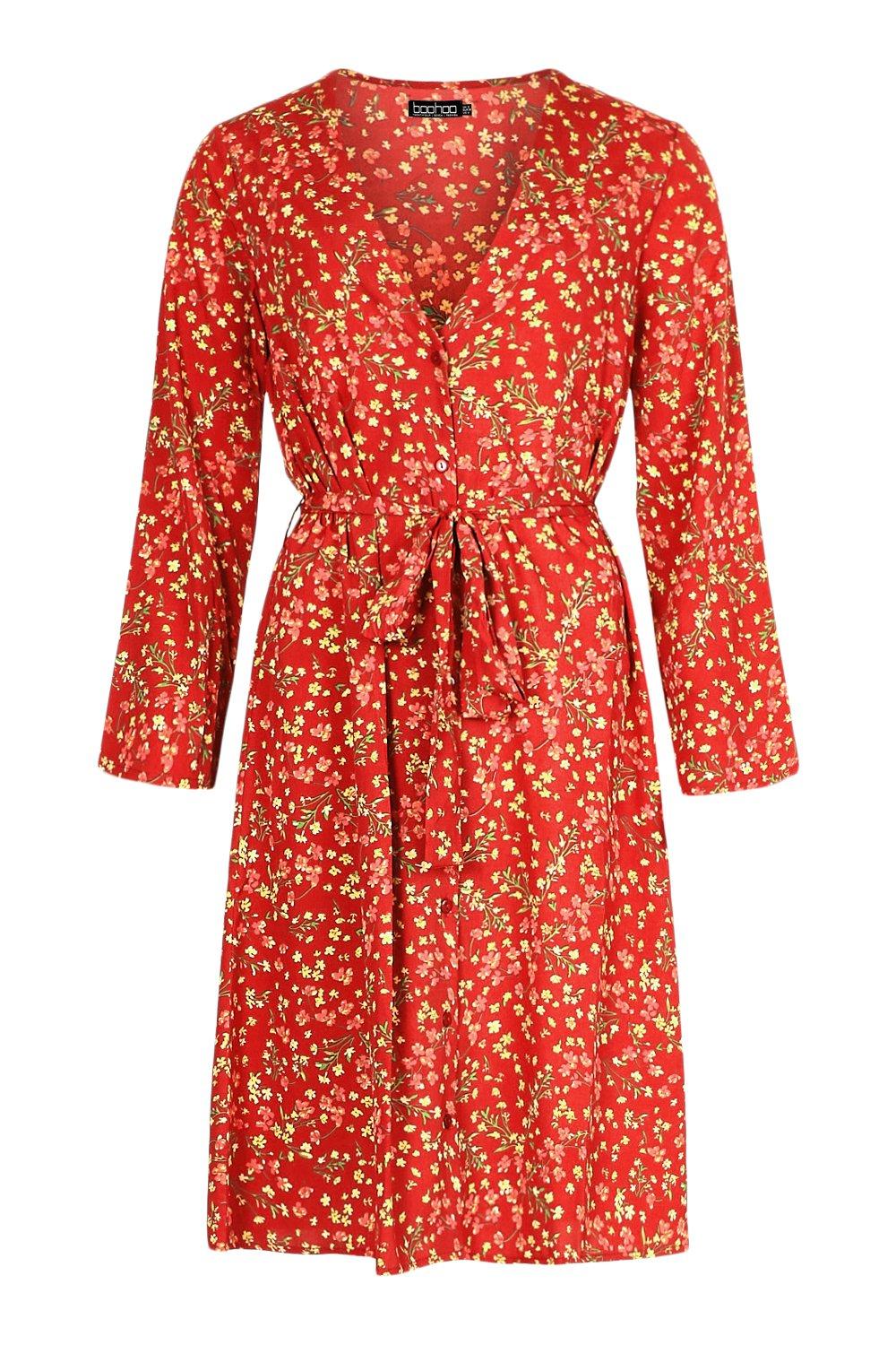 Boohoo midi wrap dress hotsell in red ditsy floral