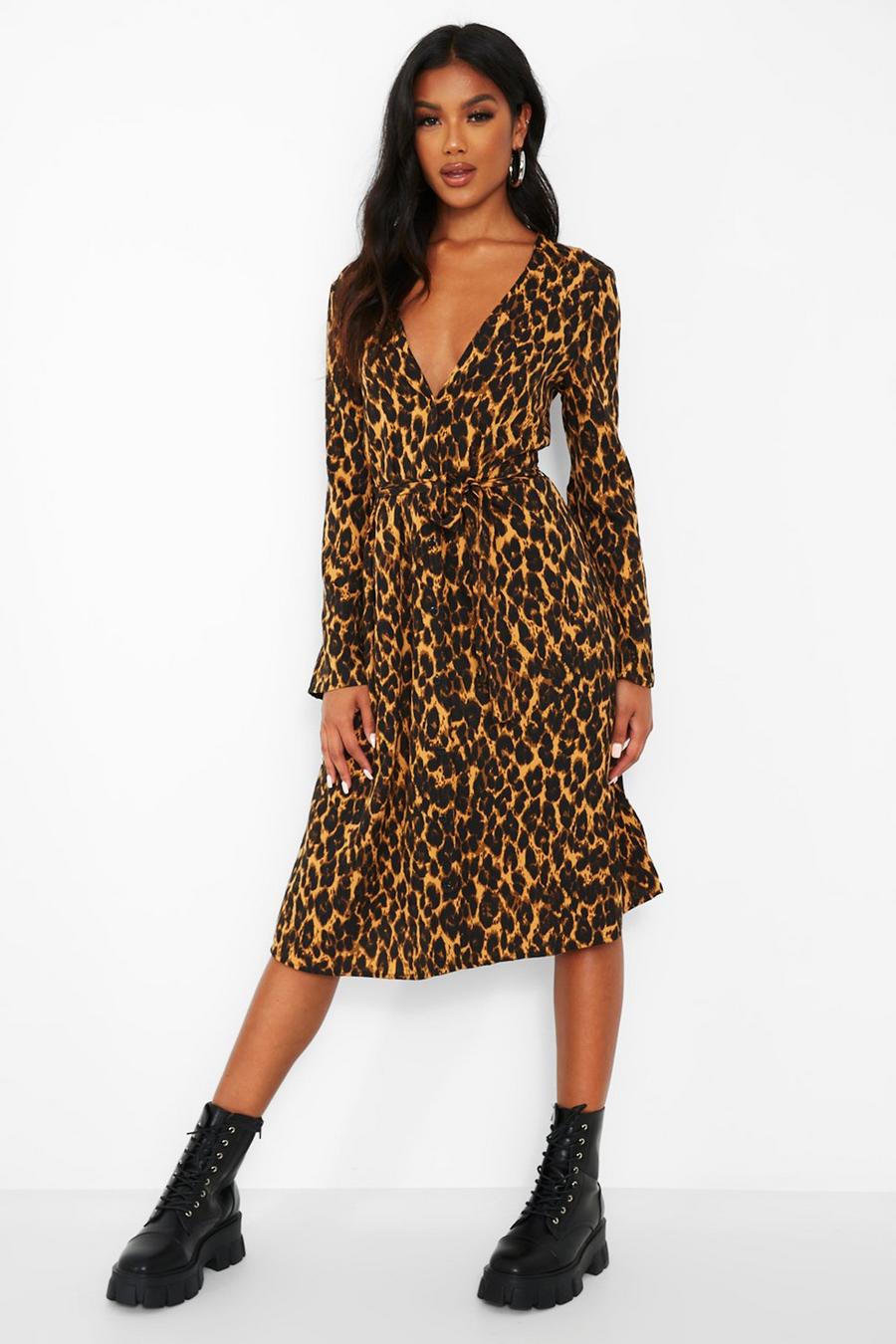 Brown Leopard Print Button Front Belted Midi Dress image number 1