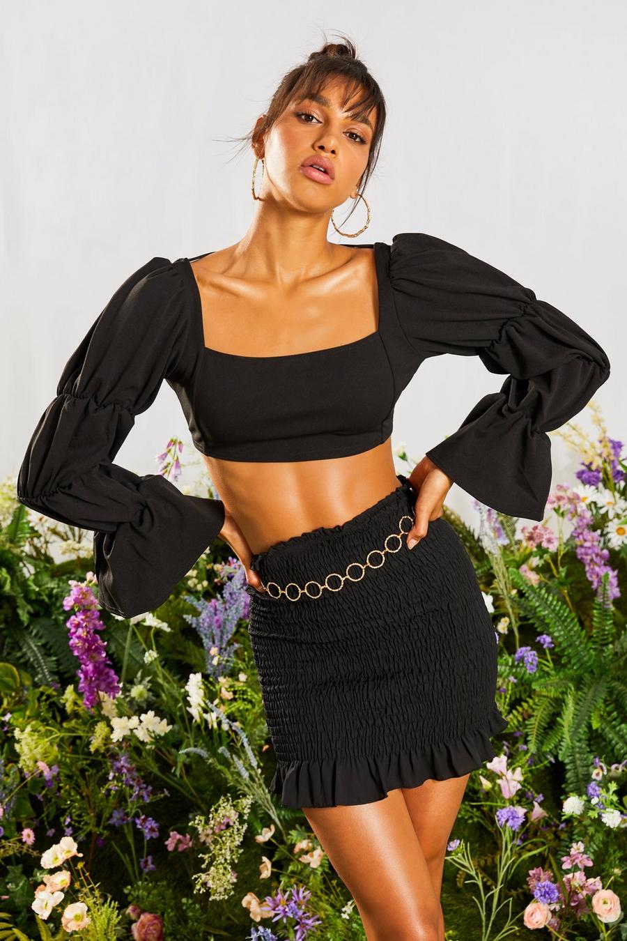 Tiered Puff Sleeve Square Neck Crop Top image number 1