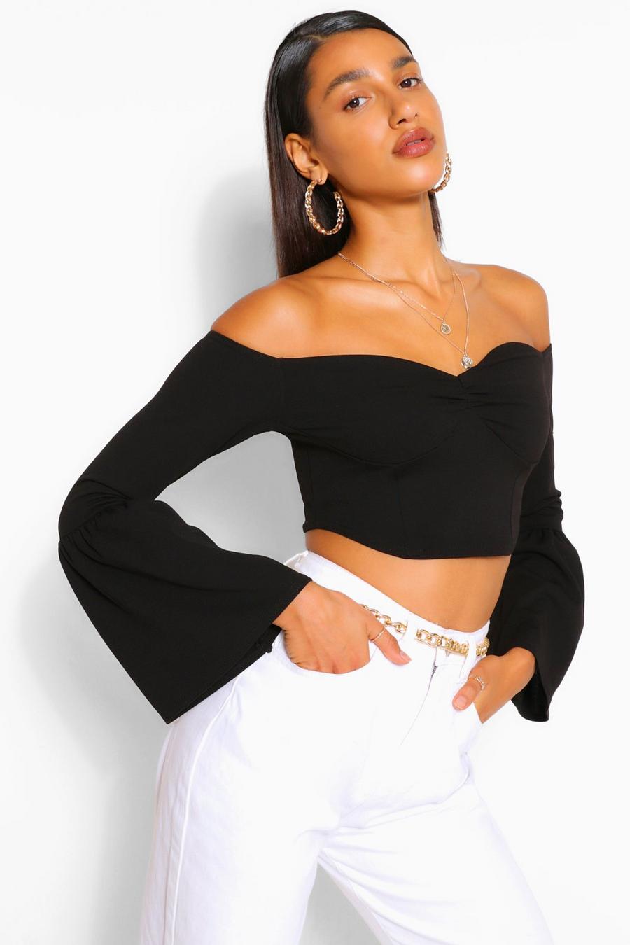 Black Gathered Frill Sleeve Crop Top image number 1