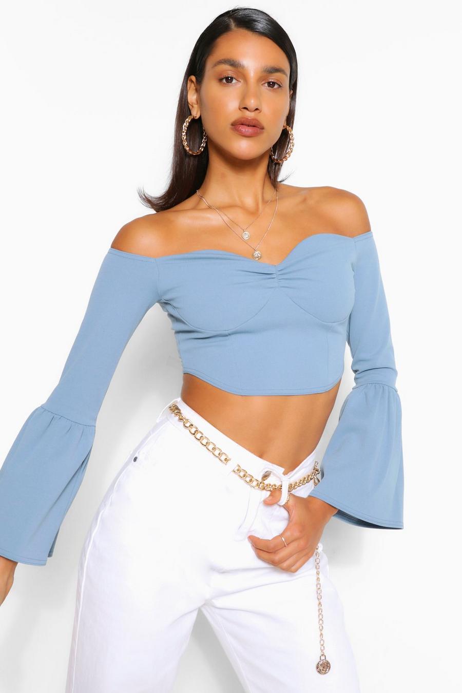Blue Gathered Frill Sleeve Crop Top image number 1