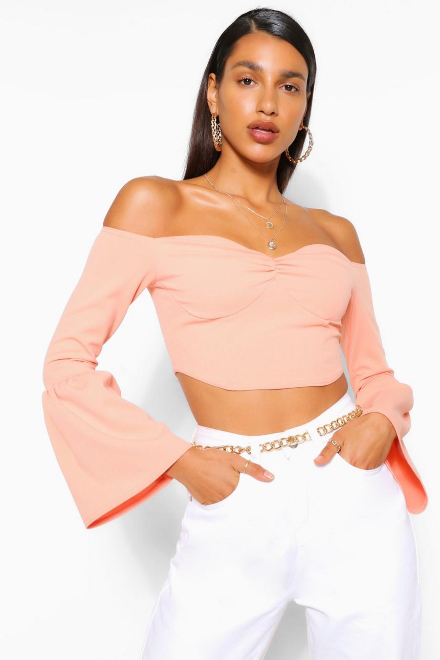 Peach Gathered Frill Sleeve Crop Top image number 1