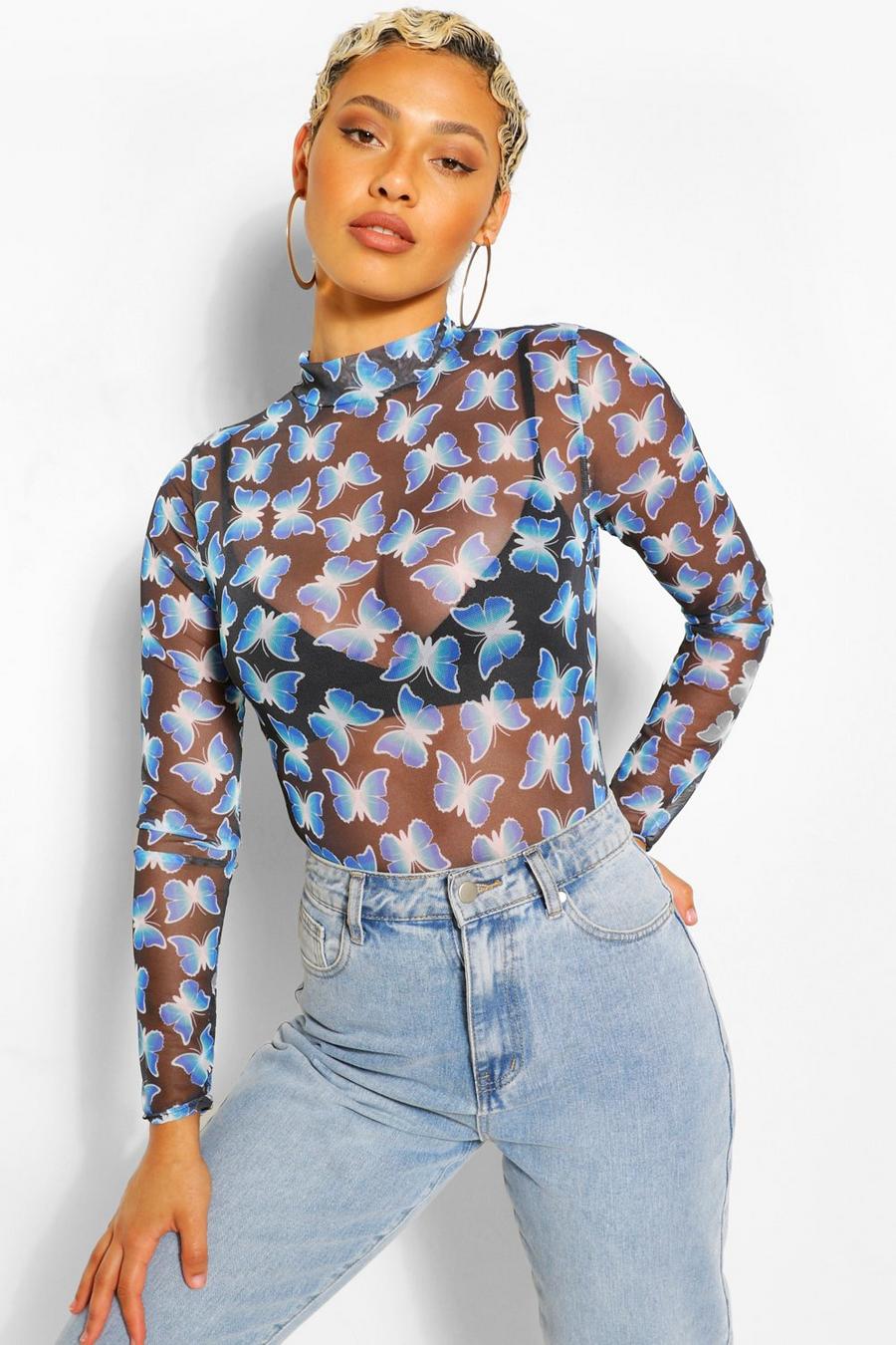 Butterfly Print Mesh High Neck Long Sleeve Bodysuit image number 1