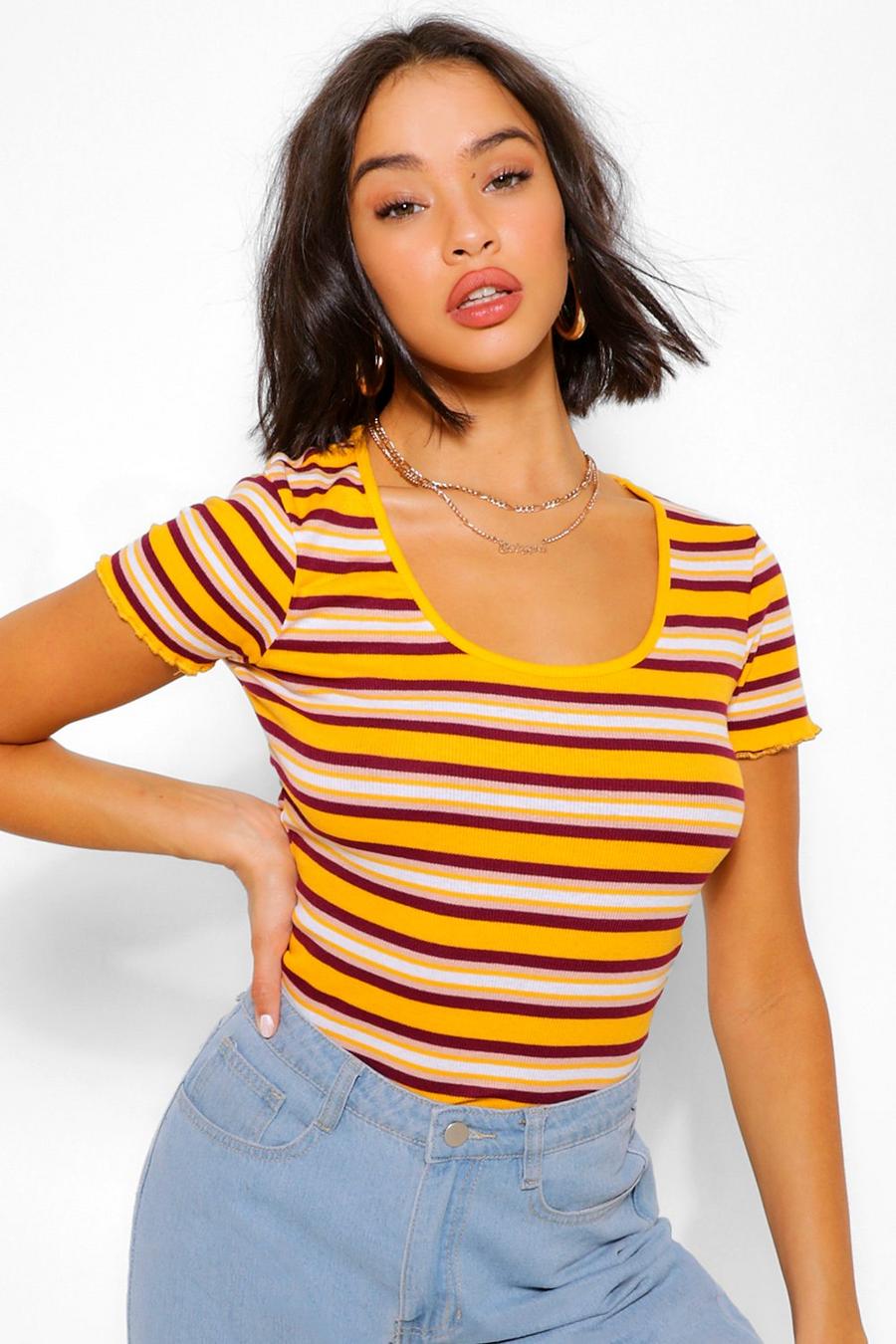 Camiseta a rayas con bajo ondulado, Amarillo image number 1