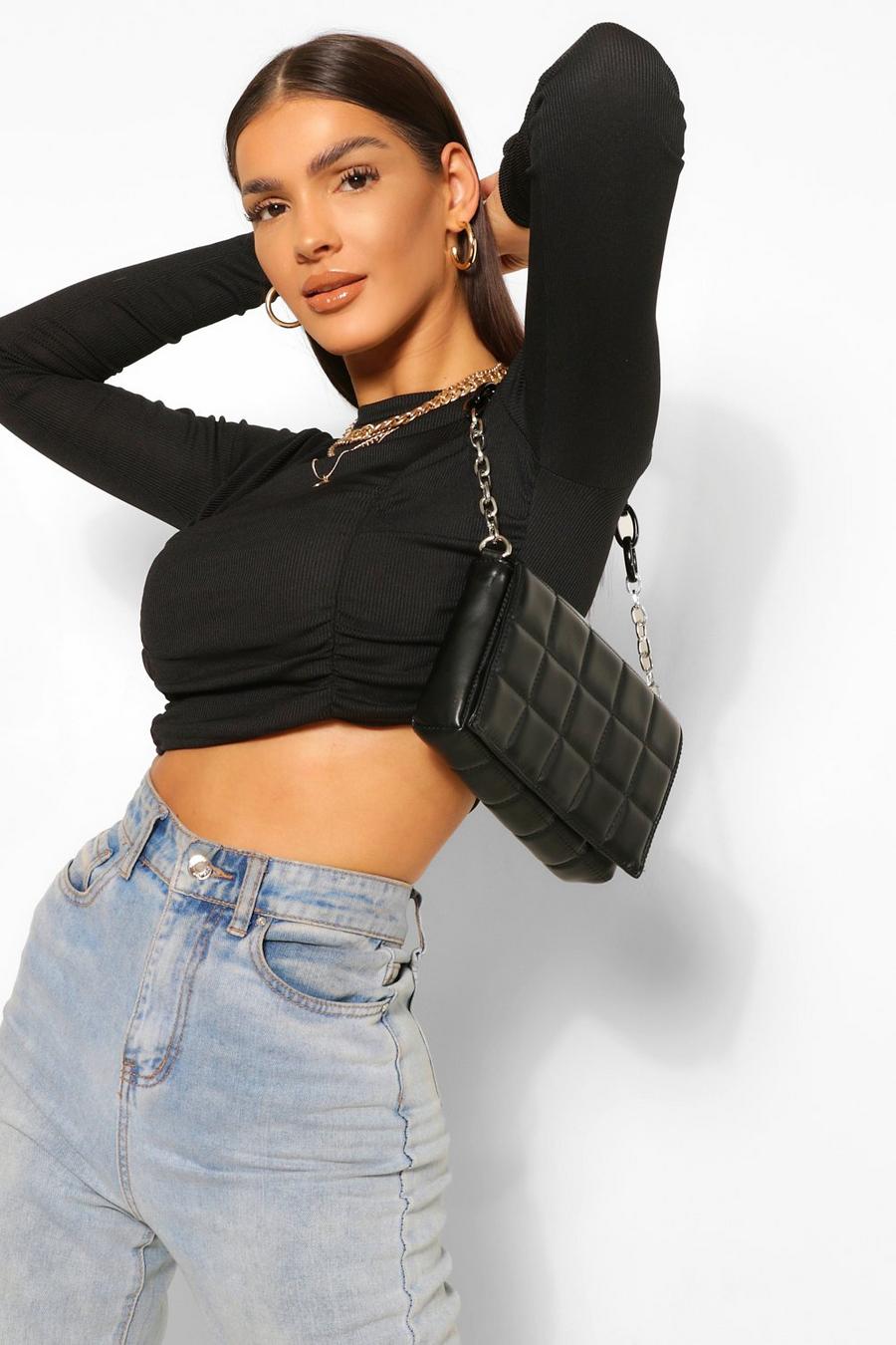 Black Ruched Front Rib Long Sleeve Crop Top image number 1