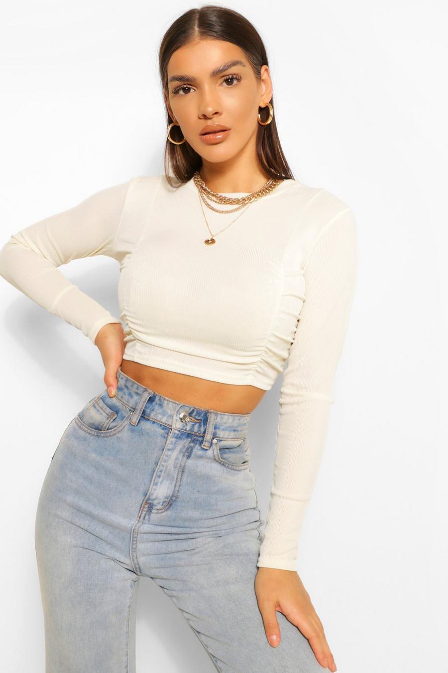 Cream Ruched Front Rib Long Sleeve Crop Top image number 1