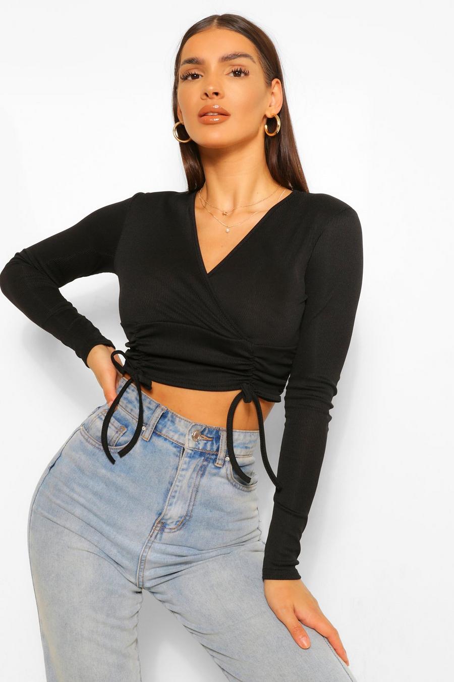 Wrap Front Ruched Rib Long Sleeved Crop Top image number 1
