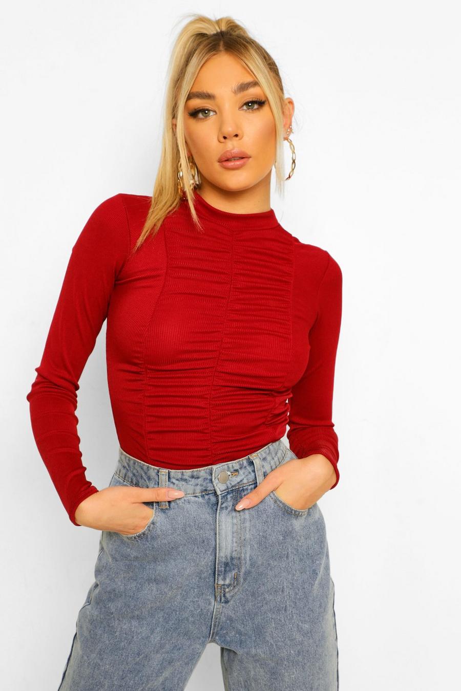 Women's HIGH NECK RUCHED FRONT RIB LONG SLEEVE TOP | Boohoo UK
