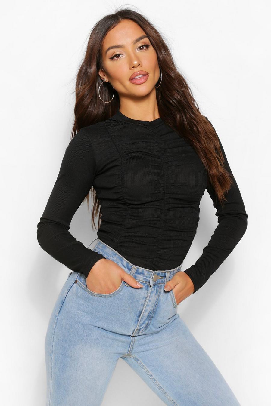 Black HIGH NECK RUCHED FRONT RIB LONG SLEEVE TOP image number 1