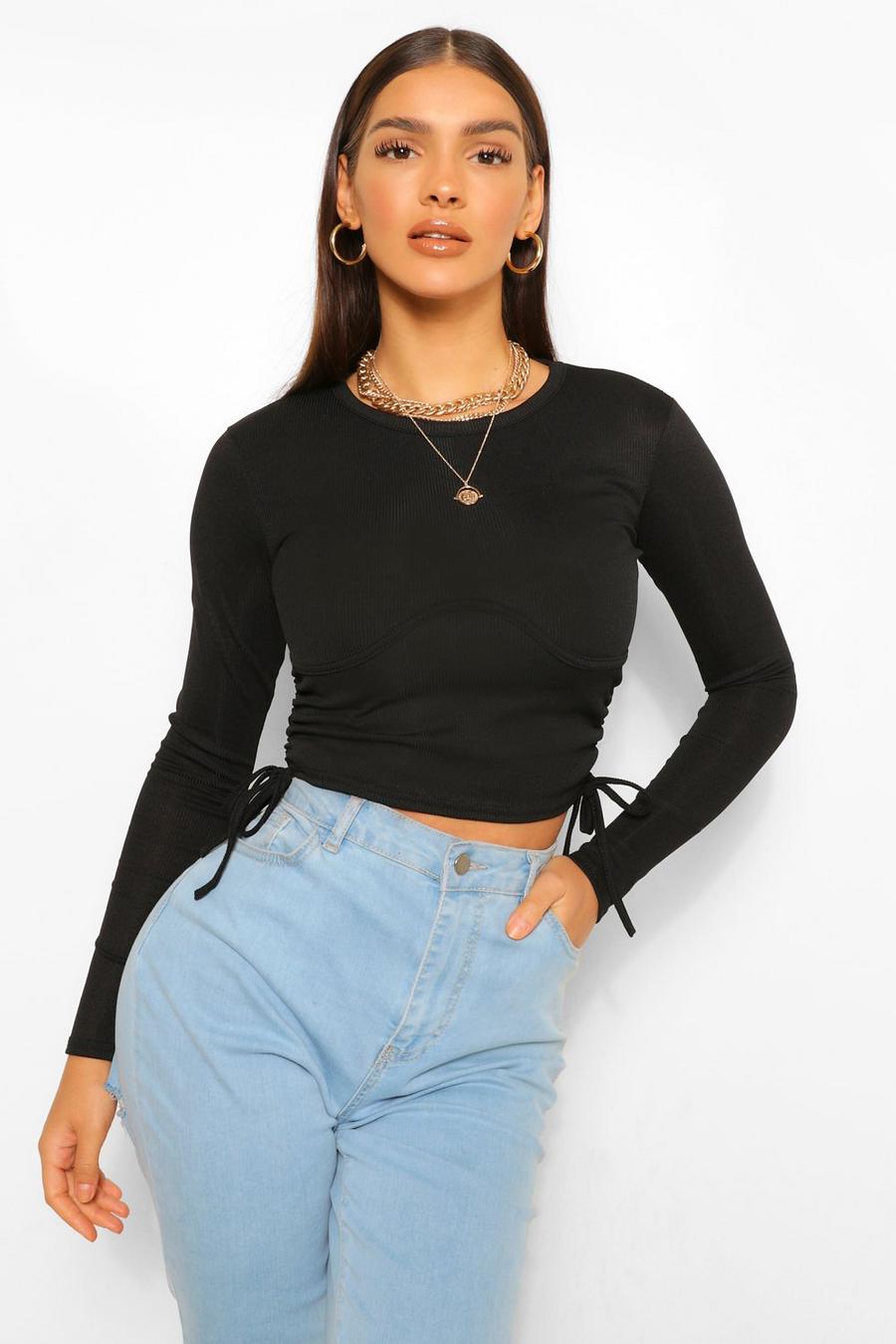 Black Seam Detail Ruched Rib Long Sleeve Crop Top image number 1