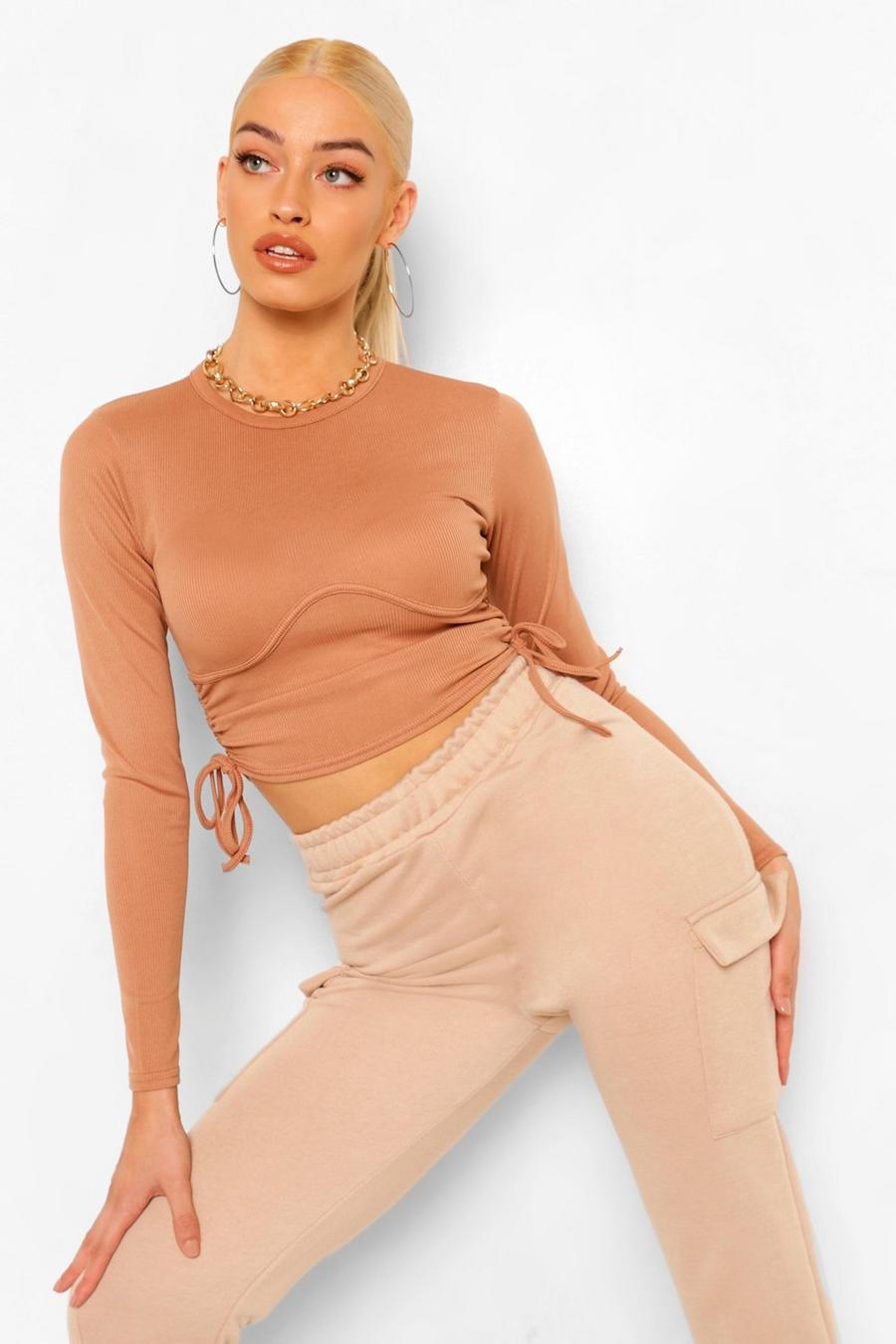 Camel Seam Detail Ruched Rib Long Sleeve Crop Top image number 1