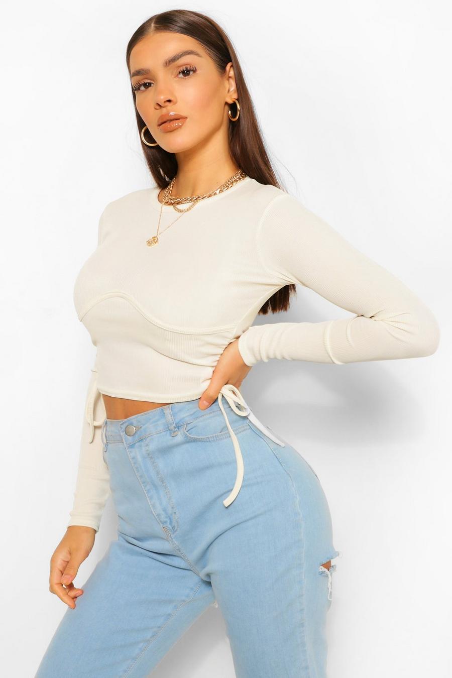 Cream Seam Detail Ruched Rib Long Sleeve Crop Top image number 1