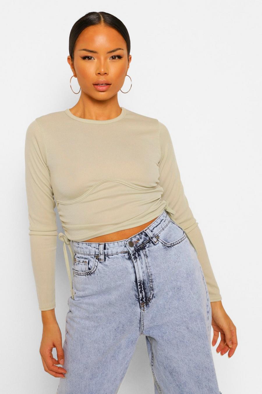 Light khaki Seam Detail Ruched Rib Long Sleeve Crop Top image number 1