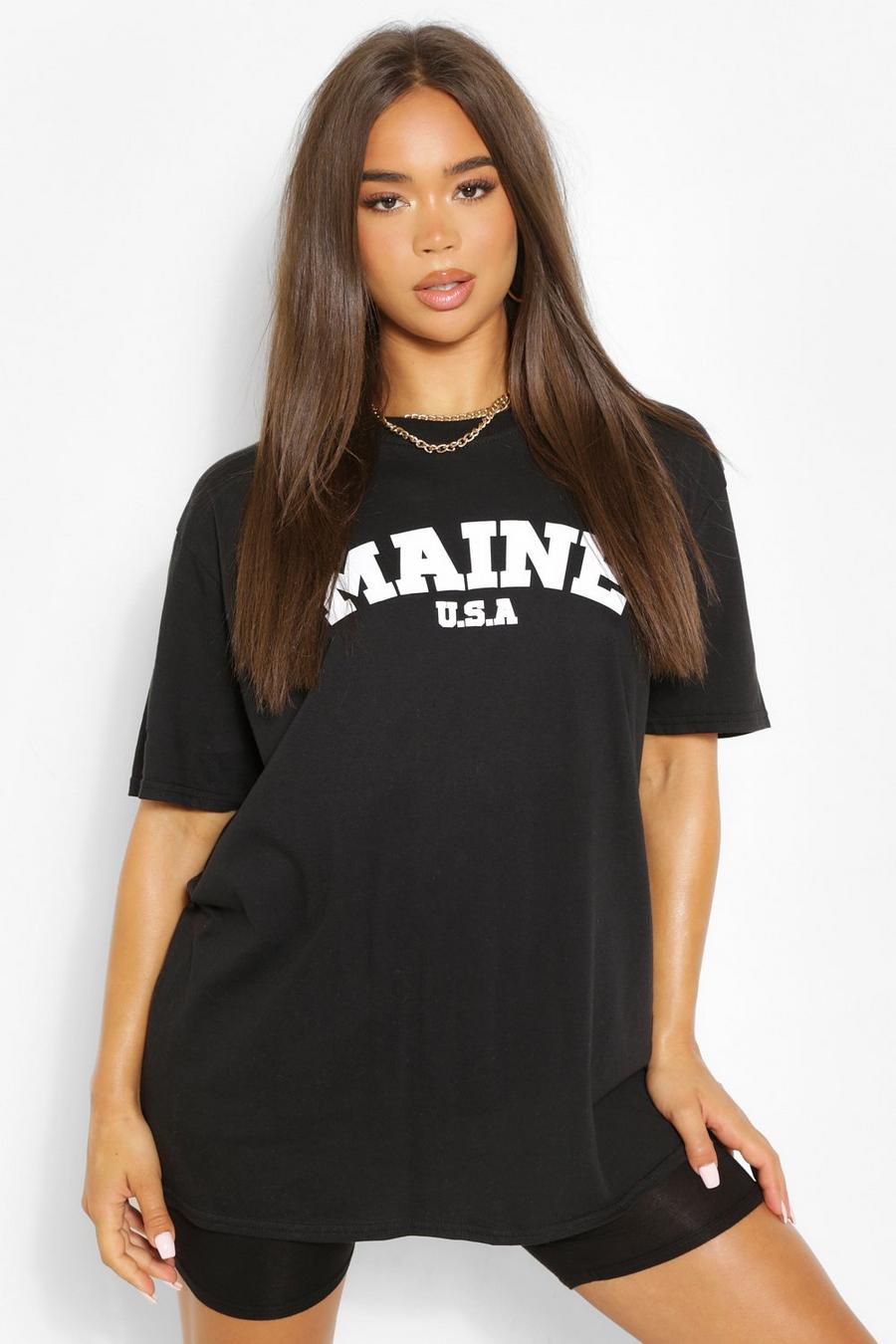 Zwart Oversized Maine Boyfriend T-Shirt Met Tekst image number 1