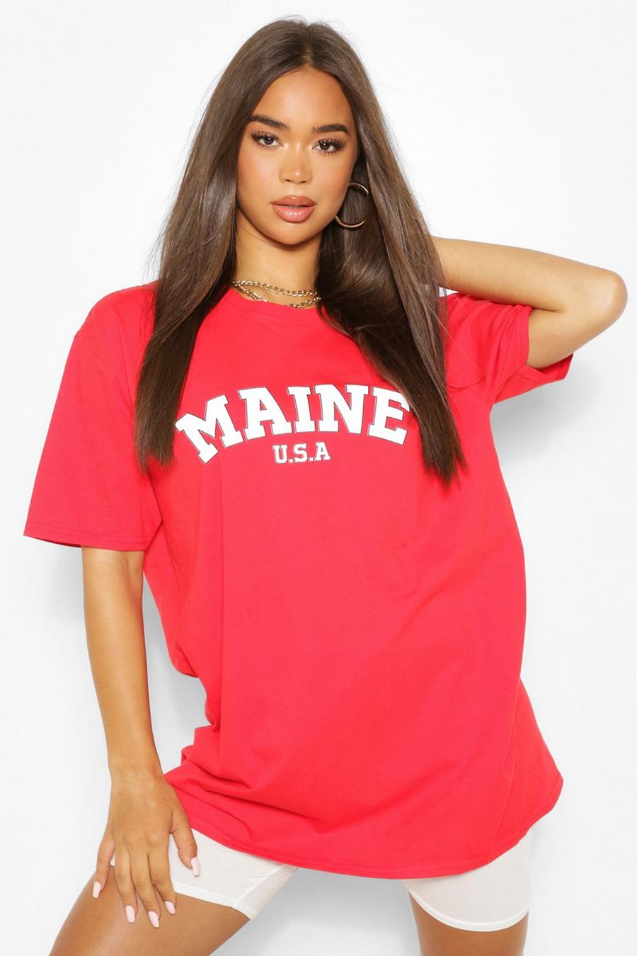 Rood Oversized Maine Boyfriend T-Shirt Met Tekst image number 1