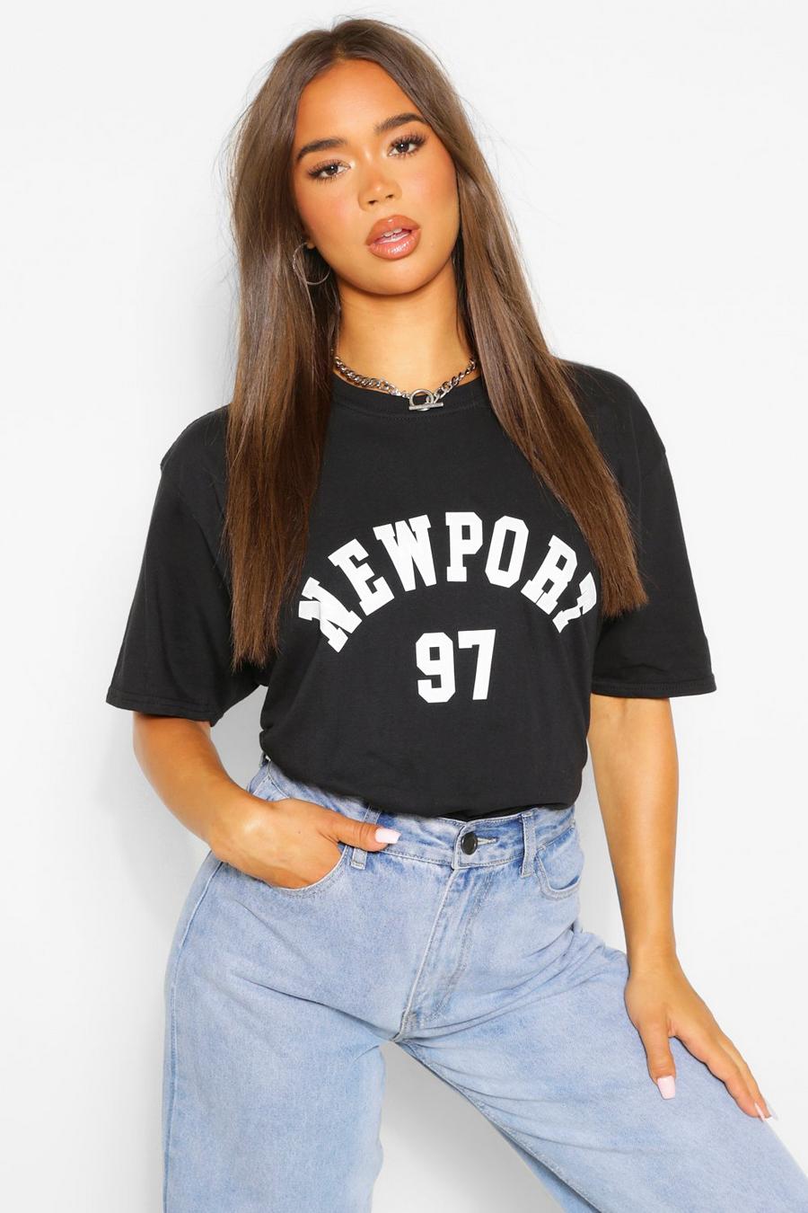 Übergröße Boyfriend T-Shirt mit Newport-Slogan, Schwarz image number 1
