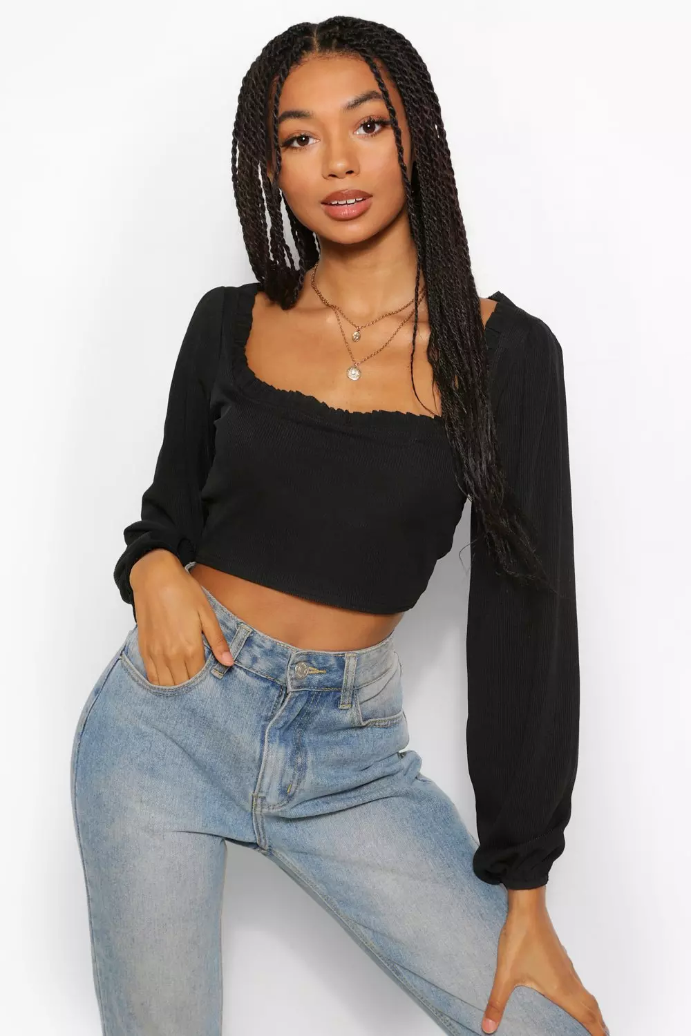 Ribbed Long Sleeve Ruffle Crop Top