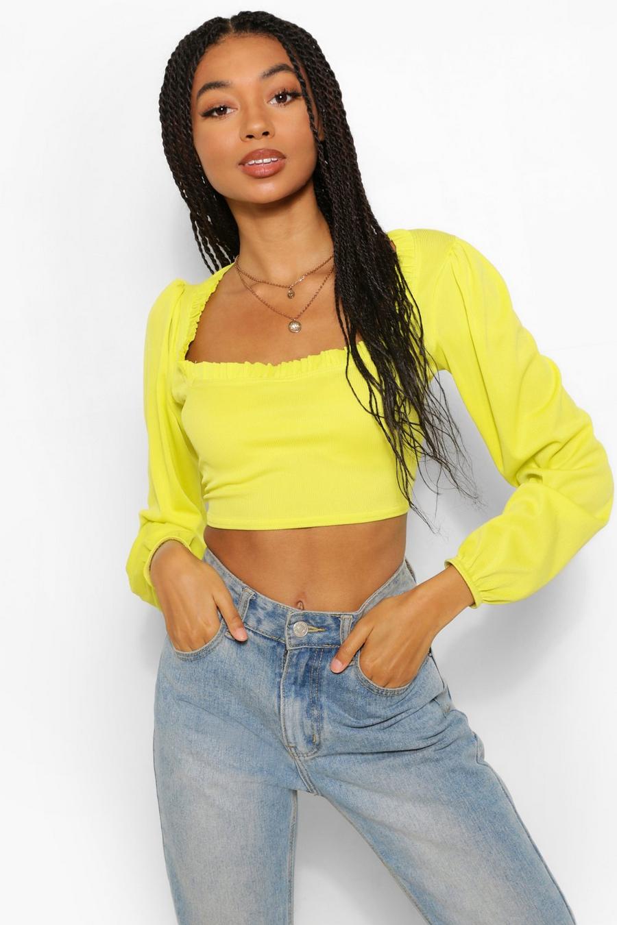 Chartreuse Ribbed Long Sleeve Ruffle Crop Top image number 1